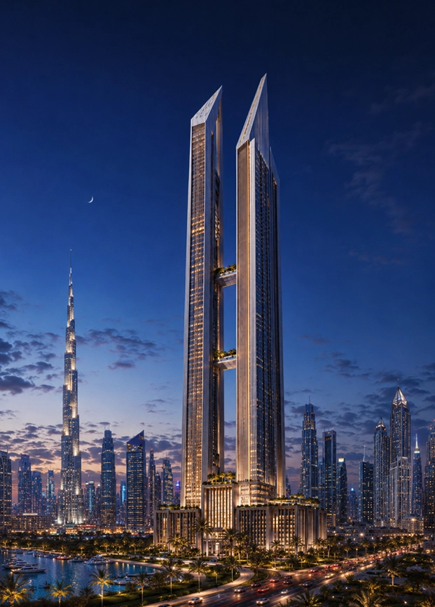 Twin Blade Tower facade portrait detail showing sharp glass edges, metal fins, vertical facade rhythm, sky bridge structure, and premium lighting